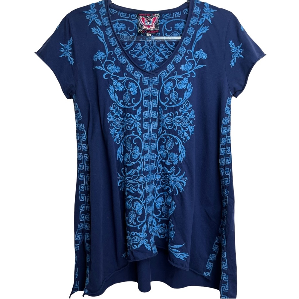Johnny Was Blue Embroidered knit tunic t.